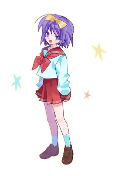 1girl :d ankle_socks blue_eyes bow brown_shoes hashtag-only_commentary hiiragi_tsukasa lucky_star neckerchief open_mouth pink_neckerchief purple_hair red_sailor_collar red_skirt rin27_k ryouou_school_uniform sailor_collar school_uniform shoes short_hair skirt smile socks star_(symbol) white_background white_socks yellow_bow