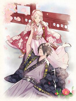 Rule 34 | 1boy, 1girl, architecture, black hair, black haori, boots, breasts, cherry blossoms, closed mouth, commentary, couple, east asian architecture, facial mark, falling petals, floral print haori, flower, forehead mark, green eyes, grey eyes, grey kimono, hair flower, hair ornament, hair over one eye, hand on another's head, haori, haruno sakura, hetero, high heel boots, high heels, highres, husband and wife, japanese clothes, jewelry, kimono, lap pillow, light blush, looking at another, medium breasts, multiple rings, naruto (series), petals, pink flower, pink hair, pink kimono, pink petals, red haori, ring, sayaendou0426, uchiha sasuke, untranslatable commentary, white boots, wide sleeves