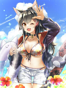 1girl animal_ears bikini black_collar black_jacket blue_sky blush breasts cleavage cloud collar commentary_request floral_print floral_print_bikini highres holding holding_swim_ring hololive innertube jacket long_hair looking_at_viewer medium_breasts miofa_(ookami_mio) official_alternate_costume one_eye_closed ookami_mio ookami_mio_(hololive_summer_2019) outdoors ponytail print_bikini red_streaks shorts sky solo surfboard swim_ring swimsuit u_da_desu virtual_youtuber water white_bikini white_shorts wolf_ears wolf_girl