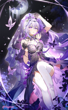 1girl absurdres arm_up bare_arms bare_shoulders black_gloves breasts bug butterfly castorice_(honkai:_star_rail) chinese_commentary colorful_background commentary_request cropped dress garter_straps gloves gou_lianlian_dogface highres honkai:_star_rail honkai_(series) insect leg_up long_hair looking_at_viewer moon open_mouth pointy_ears thighhighs very_long_hair