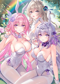 3girls animal_ears armpit_crease blush breasts castorice_(honkai:_star_rail) cleavage closed_mouth commentary_request covered_navel cyrene_(honkai:_star_rail) detached_collar elf fake_animal_ears fingernails firefly_(honkai:_star_rail) fukase_ayaka grey_hair hair_between_eyes hair_ornament honkai:_star_rail honkai_(series) leotard long_hair looking_at_viewer matching_outfits multiple_girls nail_polish nontraditional_playboy_bunny open_mouth pink_eyes pink_hair playboy_bunny pointy_ears purple_eyes purple_hair purple_nails smile strapless strapless_leotard textless_version tongue tongue_out very_long_hair white_leotard white_wrist_cuffs wrist_cuffs