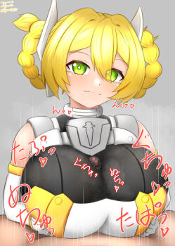 1girl 30_minutes_sisters absurdres armor blonde_hair blush clothed_female_nude_male clothed_paizuri clothed_sex green_eyes highres nude paizuri sigumaster35 smile yufia