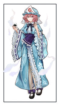 1girl black_shoes blue_dress blue_hat blue_sash commentary dress floral_print floral_print_dress food frilled_sleeves frills full_body hat highres hitodama holding holding_food looking_at_viewer mary_janes mob_cap onigiri pink_eyes pink_hair print_dress saigyouji_yuyuko sash shoes simple_background smile socks solo tentaizukan touhou white_background white_socks wide_sleeves