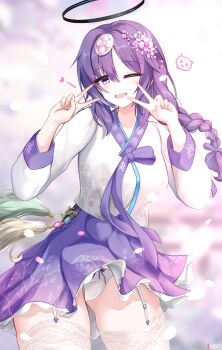 blue_archive blush braid double_v flower garter_straps hair_flower hair_ornament halo hanbok highres korean_clothes long_hair napalmbit one_eye_closed panties purple_hair smile tassel thighhighs underwear v white_panties white_thighhighs wind wind_lift yuuka_(blue_archive)