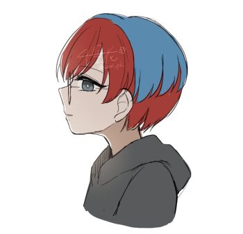 Rule 34 | 1girl, blue hair, commentary request, cropped shoulders, eyelashes, from side, glasses, grey eyes, hood, hood down, multicolored hair, nintendo, open mouth, penny (pokemon), pokemon, pokemon sv, profile, red hair, senri pk (swpu7847), short hair, signature, simple background, smile, solo, twitter username, two-tone hair, very short hair, white background