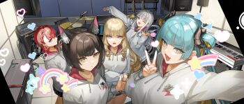 5girls :< animal_ears aqua_hair arm_up artist_request bad_tag bare_legs black_hair black_shorts black_skirt blonde_hair blunt_bangs blunt_sidelocks breasts cheona_(last_origin) closed_mouth collarbone colored_inner_hair dog_ears dog_girl dragon_girl dragon_horns drill_hair drum drum_set earrings electric_guitar fafnir_(last_origin) fake_phone_screenshot fake_screenshot fang flower fluff food four-pointed_star from_side fruit game_cg gem green_gem grey_hoodie guitar hair_between_eyes hair_flower hair_ornament hair_rings hand_in_pocket hand_on_own_arm heart highres hime_cut hood hoodie horns huge_breasts indoors instrument janghwa_(last_origin) jewelry keyboard_(instrument) large_breasts last_origin light_smile long_hair long_sidelocks looking_at_viewer maria_rioboros mechanical_horns medium_breasts microphone microphone_stand mixing_console mole mole_under_eye multicolored_hair multiple_girls non-web_source official_art one_eye_closed open_mouth pleated_skirt purple_eyes rainbow red_hair red_hoodie selfie shooting_star short_hair shorts sidelocks skirt slit_pupils smile snake_girl speaker standing strawberry sweatdrop thick_eyebrows thumbs_up tongue two-tone_hair two-tone_hoodie v vargr_(last_origin) white_hair yellow_eyes