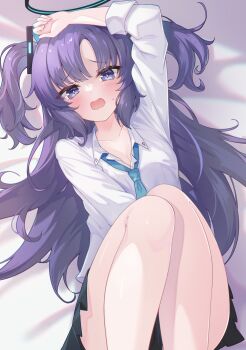 1girl :o aqua_necktie bare_legs bed_sheet black_skirt blue_archive blush breasts collarbone commentary feet_out_of_frame hair_spread_out halo highres long_hair looking_at_viewer loose_necktie lying necktie on_back open_collar school_uniform shinori_(efvbji6264) shirt skirt solo sweatdrop two_side_up very_long_hair white_shirt yuuka_(blue_archive)