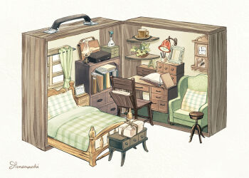 absurdly_detailed_composition alarm_clock bed bedroom book book_stack bookshelf chair clock curtains desk desk_lamp dorm highres indoors kerosene_lamp lamp loaded_interior miniature office_chair open_book original pen picture_frame plant potted_plant reed_diffuser scene_reference shelf somemachi sticky_note suitcase swivel_chair table window