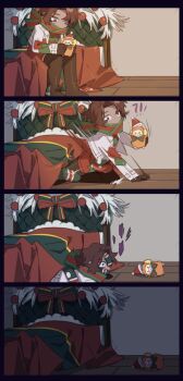 !? 1boy bed bow brown_hair character_doll christmas_nightmare_(e.g.o) doll e.g.o_(project_moon) heathcliff_(project_moon) highres holiday_(e.g.o) ishmael_(project_moon) limbus_company mercuryhx parted_bangs patchwork_clothes project_moon purple_eyes scarf striped_bow striped_clothes striped_scarf tentacles under_bed wide-eyed wooden_floor