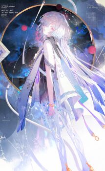 1girl colored_eyelashes commentary dress earrings english_commentary halo highres jacket jewelry kurikabacha looking_at_viewer mornye_(wuthering_waves) parted_lips purple_dress red_eyes see-through_body solo tacet_mark_(wuthering_waves) triangle_earrings white_jacket wuthering_waves