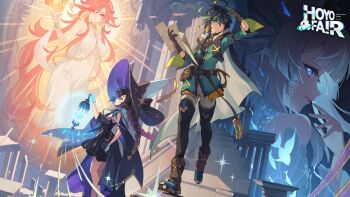 Rule 34 | 1boy, 3girls, absurdres, black dress, black hair, black thighhighs, blue eyes, blue gloves, boots, breasts, brown gloves, brown shoes, cocodar, dress, genshin impact, gloves, gold trim, green hair, green jacket, hat, highres, holding lamp, hoyofair, jacket, kinich (genshin impact), long hair, mavuika (genshin impact), mona (genshin impact), multicolored hair, multiple girls, official art, orange hair, pants, sangonomiya kokomi, second-party source, shoes, streaked hair, thighhighs, very long hair, white dress, white pants, witch hat