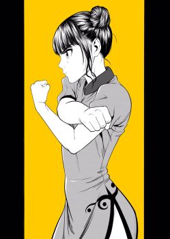 1girl china_dress chinese_clothes commentary_request cross-body_stretch dress flat_chest from_side greyscale_with_colored_background hair_bun highres lee_(dragon_garou) original serious side_slit sidelocks solo stretching yellow_background