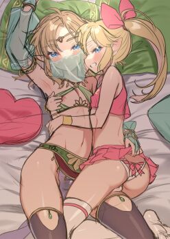 2boys adapted_costume androgynous arm_around_waist ass blue_eyes bridal_gauntlets bulge cheerleader cheerleader_link crossdressing crossdressing_(mtf) detached_sleeves gerudo_set_(zelda) highres in-franchise_crossover link lying meimone miniskirt mouth_veil multiple_boys multiple_persona nintendo nipples official_alternate_costume pelvic_curtain pillow pointy_ears ponytail selfcest skirt the_legend_of_zelda the_legend_of_zelda:_breath_of_the_wild the_legend_of_zelda:_tri_force_heroes thighhighs trap trap_on_trap unfinished veil yaoi