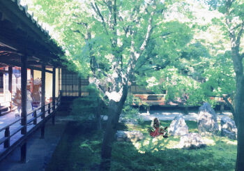 3girls animal animal_ear_headwear architecture blonde_hair boulder cat_girl cat_tail chen commentary day dress east_asian_architecture faceless faceless_female fake_animal_ears fox_girl fox_tail grass hat highres holding holding_animal kitsune kyuubi lying mob_cap multiple_girls multiple_tails on_back porch real_world_location red_dress rock shade signature slice_of_life sokura_(mochichitose) tail touhou tree two_tails white_dress white_hat wide_shot yakumo_ran yakumo_yukari