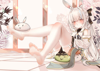 1girl animal_ear_fluff animal_ears black_bow black_skirt blue_hair blush bow character_request closed_mouth commentary_request detached_sleeves feet flower hair_between_eyes hair_bow hair_intakes highres knees_together_feet_apart long_hair long_sleeves lotus maplestory multicolored_hair no_shoes orange_eyes pantyhose pleated_skirt rabbit_ears sitting skirt soles solo streaked_hair toes very_long_hair white_hair white_pantyhose white_sleeves zserty555