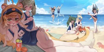 6+girls aged_down animal_ears asymmetrical_hair barefoot beach black_hair blindfold blonde_hair blue_one-piece_swimsuit blue_skin blue_sky braid breasts cat_ears cat_girl cat_tail colored_inner_hair colored_skin corin_wickes covered_navel crab cup day demon_horns drinking_glass drinking_straw erifan0 eyepatch flat_chest food green_eyes green_hair holding holding_food holding_popsicle horns hoshimi_miyabi ju_fufu koleda_belobog loli long_hair lying multicolored_hair multiple_girls multiple_tails nekomata nekomiya_mana ocean on_side one-piece_swimsuit one_eye_closed open_mouth outdoors piper_wheel popsicle purple_eyes qingyi_(zenless_zone_zero) red_eyes red_hair school_swimsuit seashell shell sky small_breasts soukaku_(zenless_zone_zero) starfish sweat swimsuit tail tiger_ears tiger_girl tiger_tail toes twintails two_tails white_hair zenless_zone_zero