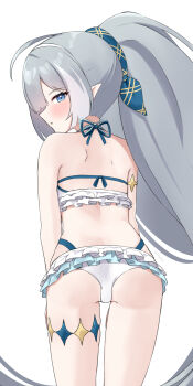1girl absurdres ass bikini blue_eyes blush commentary english_commentary female_tyrant_(stella_sora) from_behind gevuxx halterneck highres long_hair looking_at_viewer looking_back open_mouth pointy_ears ponytail solo stella_sora swimsuit tyrant_(stella_sora) very_long_hair white_bikini