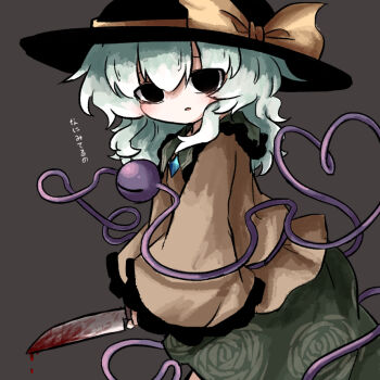 1girl black_eyes black_hat blood bloody_knife bow buttons cowboy_shot diamond_button floral_print frilled_shirt_collar frills from_side green_skirt grey_background hat hat_bow heart heart_of_string heripantomorrow holding holding_knife knife komeiji_koishi long_hair long_sleeves looking_at_viewer looking_to_the_side parted_lips shirt simple_background skirt solo touhou wide_sleeves yellow_bow yellow_shirt