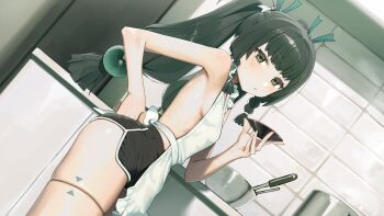 1girl absurdres alternate_costume android apron bare_shoulders black_shorts blush breasts commentary dolphin_shorts from_side green_eyes green_hair hair_ornament highres indoors long_hair looking_at_viewer nearly_naked_apron open_mouth qingyi_(zenless_zone_zero) shorts sideboob small_breasts solo sphere_hair_ornament syhan symbol-only_commentary twintails zenless_zone_zero