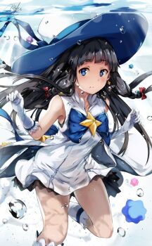 Rule 34 | 1girl, air bubble, back bow, black hair, black skirt, blue bow, blue eyes, blue hat, blunt bangs, bow, braid, bubble, candy, commentary request, dress, earrings, elbow gloves, floating hair, food, foot out of frame, foot up, frilled shirt collar, frills, gloves, hat, holding breath, houkago no pleiades, itsuki (houkago no pleiades), jewelry, kneehighs, large hat, layered dress, light blush, long hair, looking at viewer, magical girl, maki (maki pei), puffy cheeks, signature, single earring, skirt, smile, socks, solo, star (symbol), star earrings, submerged, thighs, twin braids, two-tone hat, underwater, water, white dress, white gloves, white hat