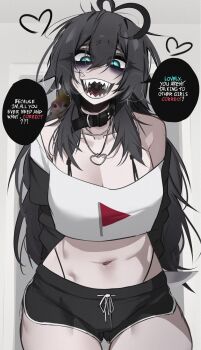 ace_glitch ahoge breasts choker highres inashi_(ace_glitch) jewelry midriff necklace open_mouth original pearto red_flag sharp_teeth short_shorts shorts speech_bubble teeth