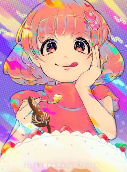 1girl aine_(hoshi_wo_miru_hito) cake commentary_request eyelashes food fruit hand_on_own_face highres hijikimon2mon holding holding_spoon hoshi_wo_miru_hito licking_lips looking_at_viewer orange_hair purple_background short_hair short_sleeves solo spoon strawberry tongue tongue_out treble_clef