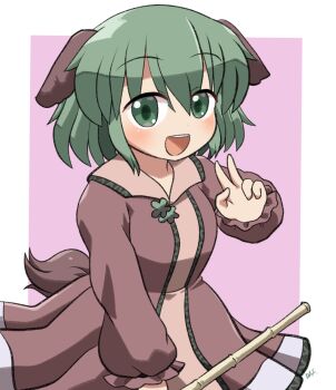 1girl :d animal_ears blush brown_dress commentary_request cowboy_shot dog_ears dog_girl dog_tail dress green_eyes green_hair hand_up kasodani_kyouko long_sleeves looking_at_viewer open_mouth rokugou_daisuke short_hair signature smile tail touhou v