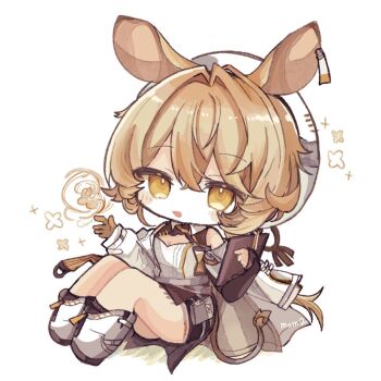 1girl animal_ears arknights artist_name blonde_hair brown_skirt chibi clipboard coat commentary_request dorothy_(arknights) ear_tag gloves hat holding holding_clipboard lab_coat long_hair looking_at_viewer mom2 mouse_ears mouse_girl shirt skirt solo white_coat white_hat white_shirt yellow_eyes