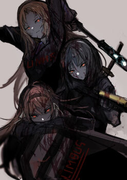 Rule 34 | 3girls, absurdres, black hair, blood, blood in hair, blood on clothes, blood on face, bloody weapon, chuhaibane, glowing, glowing eyes, grey background, highres, holding, holding weapon, ishmael (project moon), limbus company, multiple girls, orange eyes, orange hair, project moon, rodion (project moon), ryoshu (project moon), simple background, weapon