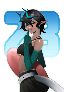 Rule 34 | 1girl, absurdres, alternate costume, alternate hair length (shorter), alternate hairstyle, aqua hair, aqua streaks, arknights, bare arms, bare shoulders, belt, black hair, black skirt, black tank top, breasts, commentary, dragon girl, dragon horns, dragon tail, dusk (arknights), eastern dragon horns, english commentary, fingernails, from side, ghosty (xiaobai), green hands, hair between eyes, hand up, highres, holding, holding swim ring, horns, innertube, large breasts, long fingernails, looking at viewer, middle finger, multicolored hair, pointy ears, red eyes, short hair, simple background, skirt, sleeveless, solo, streaked hair, swim ring, tail, tan, tank top, tongue, tongue out, two-tone hair, underboob, white background, white belt
