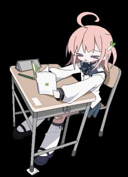 &gt;_&lt; 1girl ahoge animated animated_gif bandaid bandaid_on_knee bandaid_on_leg black_shoes book bow bowtie chair chibi closed_eyes daizu_(melon-lemon) desk flying_sweatdrops food-themed_hair_ornament full_body glasses grey_bow grey_bowtie grey_skirt hair_ornament holding holding_book jaggy_lines kneehighs long_hair long_sleeves looping_animation mary_janes miniskirt on_chair open_book open_mouth original over-rim_eyewear pencil pencil_case pink_hair pleated_skirt school_chair school_desk school_uniform semi-rimless_eyewear shirt shoes simple_background sitting skirt sleeves_past_wrists socks solo spring_onion_hair_ornament stitched third-party_edit transparent_background two_side_up variant_set white_shirt white_socks