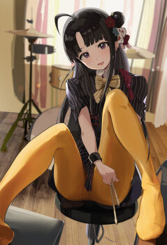 1girl absurdres ahoge awa_subaru black_dress black_hair blurry blush bow bowtie curtains depth_of_field dress drum drum_set drumsticks feet flower flower_hairpin girls_band_cry hair_flower hair_ornament head_tilt highres holding holding_drumsticks indoors instrument legs long_hair looking_at_viewer no_shoes open_mouth panties panties_under_pantyhose pantyhose pinstripe_pattern purple_eyes shirt short_sleeves sitting smile solo stool striped_clothes underwear wristband xrika yellow_pantyhose