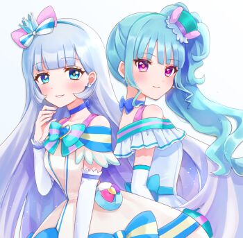 Rule 34 | 2girls, absurdres, animal ear hairband, animal ears, aqua bow, aqua hair, aqua hairband, aqua hat, back-to-back, back bow, blue bow, blue choker, blue crown, blue eyes, blue hairband, blunt bangs, blush, bow, bow choker, bow hairband, breasts, bright pupils, brooch, cat ear hairband, cat ears, chest bow, choker, closed mouth, collarbone, commentary, crown, crown earrings, cure lillian, cure nyammy, detached sleeves, dress, dress bow, earrings, fake animal ears, fingernails, frilled dress, frilled sleeves, frills, hairband, hand up, hat, heart, heart brooch, high ponytail, high side ponytail, highres, jewelry, lips, long hair, looking at viewer, magical girl, medium breasts, medium dress, mini crown, mini hat, mini top hat, multicolored bow, multiple girls, nekoyashiki mayu, nekoyashiki yuki, off-shoulder dress, off shoulder, pact holder, parted lips, pearl earrings, pink lips, ponytail, pouch, precure, purple eyes, sawadariku75, shiny cats pact, side ponytail, simple background, smile, striped bow, tilted headwear, top hat, upper body, very long hair, white bow, white dress, white sleeves, wonderful precure!, yellow pupils