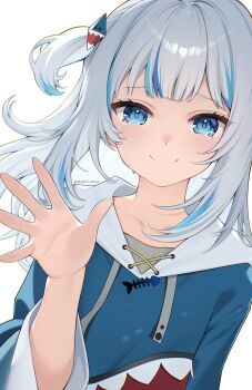 1girl animal_costume blue_eyes blunt_bangs crying gawr_gura gawr_gura_(1st_costume) goodbye graduation hair_ornament highres hololive hololive_english hood long_sleeves looking_at_viewer multicolored_hair shark_costume shark_girl shark_print shizukodesu smile solo streaked_hair two_side_up virtual_youtuber waving white_background white_hair