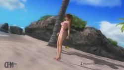 1girl 3d animated ass beach bikini breasts brown_eyes brown_hair cleavage day dead_or_alive dead_or_alive_5 dead_or_alive_5_last_round female_focus hair_ribbon high_heels kasumi_(doa) large_breasts long_hair midriff navel ocean palm_tree pink_bikini polka_dot polka_dot_bikini ponytail ribbon sand sandals solo sound stomach swimsuit tagme tree video water yellow_ribbon