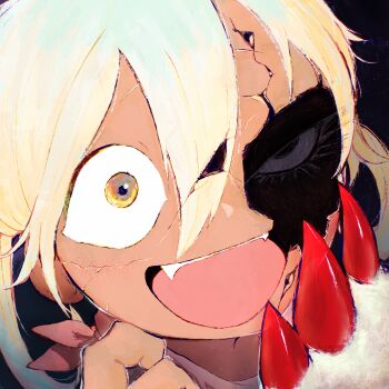 2girls blonde_hair broken_mask close-up dark_skin fang faputa furry irumyuui lower_eyelashes_only made_in_abyss mask mother_and_daughter multiple_girls red_claws simple_background smile white_fur yellow_eyes zveen