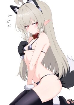 1girl absurdres ahoge animal_ear_hairband animal_ears animal_hands arm_at_side belt belt_buckle belt_collar between_legs bikini black_bikini black_hairband black_tail black_thighhighs blonde_hair breasts breath buckle cat_ear_hairband cat_ears cat_tail character_request closed_mouth collar commentary_request copyright_request fake_animal_ears fake_tail flying_sweatdrops from_side gloves hair_intakes hairband hand_between_own_legs hand_on_own_chest hand_up highres kneeling long_hair looking_to_the_side micro_bikini oldsickkim paw_gloves pointy_ears raised_inner_eyebrows red_belt red_collar red_eyes sideways_glance simple_background small_breasts small_sweatdrop solo straight_hair string_bikini swimsuit tail thighhighs turning_head white_background
