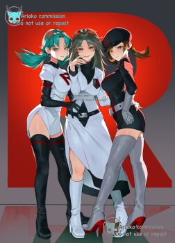 3girls ariekochan belt black_boots black_gloves black_shirt black_skirt blue_eyes blue_hair boots breasts brown_eyes brown_hair closed_mouth cosplay dress elbow_gloves full_body gloves grey_belt grey_boots grey_gloves hat high_heel_boots high_heels highres knee_boots kris_(pokemon) large_breasts leaf_(pokemon) long_hair long_sleeves looking_at_viewer lyra_(pokemon) multiple_girls nintendo parted_lips pokemon pokemon_frlg pokemon_gsc pokemon_hgss shirt side_slit single_letter skirt smile team_rocket team_rocket_uniform thigh_boots twintails white_boots white_dress white_shirt white_skirt