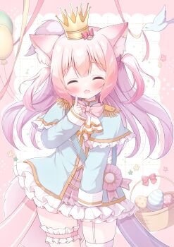 1girl animal_ear_fluff animal_ears asymmetrical_legwear balloon bird blush bow bowtie capelet cat_ears cat_girl closed_eyes commentary_request crown dress easter egg epaulettes eyebrows_hidden_by_hair frilled_capelet frilled_dress frilled_thigh_strap frills grid_background hair_between_eyes hair_ornament hanasakichu hand_up highres indie_virtual_youtuber long_hair long_sleeves looking_at_viewer mini_crown open_mouth original pink_hair ribbon sash sleeves_past_wrists smile solo standing tail thigh_strap thighhighs two_side_up virtual_youtuber white_thighhighs wide_sleeves