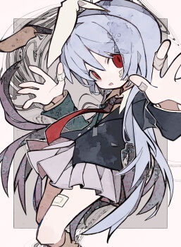 1girl absurdres animal_ears bandaid bandaid_on_cheek bandaid_on_face bandaid_on_leg black_jacket commentary hands_up highres jacket long_sleeves looking_at_viewer necktie parted_lips pink_skirt purple_hair rabbit_ears rabbit_girl red_eyes red_necktie reisen_udongein_inaba shirt skirt smile solo soresaki touhou white_shirt