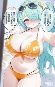 1girl aqua_hair bikini blue_archive blush breasts cleavage closed_mouth collarbone commentary eyewear_on_head flower hair_flower hair_ornament hair_over_one_eye heart highres hiyori_(blue_archive) hiyori_(swimsuit)_(blue_archive) huge_breasts ineedu041_tako long_hair looking_at_viewer navel official_alternate_costume orange_bikini selfie side_ponytail solo stomach sunglasses sweat swimsuit tongue tongue_out translated v