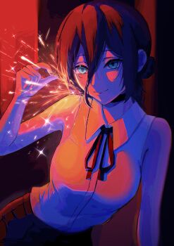 1girl absurdres black_hair black_ribbon black_shorts blue_eyes blue_shirt chainsaw_man closed_mouth gradient_clothes gradient_shirt grenade_pin hair_between_eyes hair_bun highres mira_whale neck_ribbon orange_shirt reze_(chainsaw_man) ribbon shirt shirt_tucked_in shorts sleeveless sleeveless_shirt smile solo sparks
