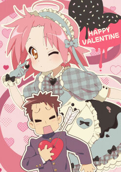 1boy 1girl absurdres ahoge apron aqua_dress arrow_through_heart black_bow blush bow brown_hair buttons closed_eyes dress frilled_dress frills gakuran gingham_bow gold_buttons happy_valentine heart heart_background highres kogami_akira lucky_star maid maid_headdress one_eye_closed pink_background pink_hair puffy_short_sleeves puffy_sleeves school_uniform shiraishi_minoru short_hair short_sleeves spiked_hair tanpaku_(oqu_2) valentine white_apron yellow_eyes