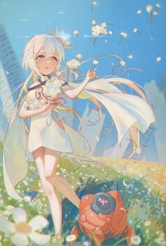 Rule 34 | 1girl, absurdres, black choker, blue eyes, blue sky, blurry, blurry background, blush, building, choker, commentary, day, depth of field, dress, english commentary, falling flower, falling petals, field, film grain, floating hair, flower, flower field, flowingcrescent, foot out of frame, grass, hair between eyes, hair ornament, highres, holding, holding flower, long hair, open mouth, outdoors, petals, philia (tsui no stella), robot, ruins, short dress, sideless dress, sidelocks, sky, solo, standing, standing on one leg, tsui no stella, very long hair, white dress, white flower, white hair