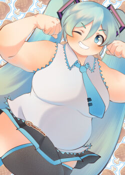 Rule 34 | 1girl, absurdres, alternate body size, alternate breast size (larger), aqua hair, artist name, bare shoulders, blue eyes, blue necktie, blue outline, boned meat, breasts, clenched hands, clenched teeth, cowboy shot, dot nose, flexing, food, hair between eyes, hair ornament, hatsune miku, highres, large breasts, long hair, looking at viewer, meat, miniskirt, necktie, one eye closed, open mouth, outline, plump, shirt, skirt, sleeveless, sleeveless shirt, solo, teeth, textless version, thick arms, thick thighs, thighhighs, thighs, twintails, twitter username, vocaloid, white background, white outline, wing collar, xixiriima, zettai ryouiki