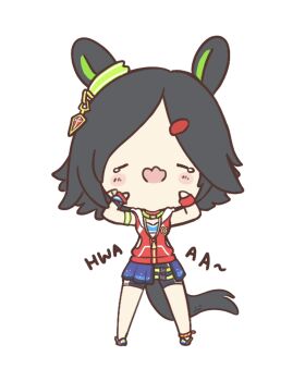 Rule 34 | 1girl, animal ears, bandaid, bandaid on cheek, bandaid on face, bandeau, bike shorts, black hair, black shorts, blue bandeau, blue sports bra, blush, blush stickers, chibi, closed eyes, crying, ear ornament, hair ornament, hairclip, highres, hood, hoodie, horse ears, horse girl, horse tail, jacket, low-cut armhole, open mouth, red hoodie, red jacket, short hair, shorts, simple background, skirt, sleeveless, sleeveless hoodie, sleeveless jacket, solo, sports bra, tail, tearing up, ukichan22905846, umamusume, winning ticket (get to winning!) (umamusume), winning ticket (umamusume), wristband