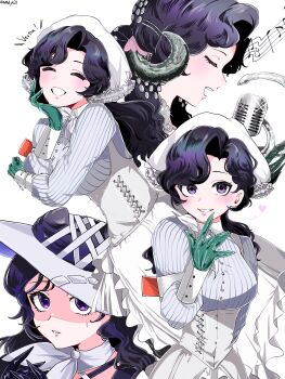 Rule 34 | 1girl, ^ ^, absurdres, anjo nala, beamed eighth notes, black gloves, black hair, closed eyes, coif, commentary request, corset, curled horns, eighth note, gloves, green gloves, grey horns, grin, hand up, hat, highres, horns, long hair, low horns, microphone, ms. kimberly (reverse:1999), multiple views, music, musical note, musical staff, neckerchief, open mouth, pinstripe pattern, pinstripe shirt, purple eyes, quarter note, reverse:1999, role (lollol ph23), shirt, singing, smile, striped clothes, striped shirt, twitter username, vertical-striped clothes, vertical-striped shirt, vintage microphone, white background, white corset, white hat, white neckerchief, white shirt