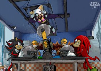 1girl 2boys animal_ears animal_nose artist_name bat_ears bat_girl bat_wings black_fur black_hair black_leggings blood blue_eyeshadow body_fur boots bound bound_arms bound_legs bra breasts cable chain circular_saw clenched_hands clenched_teeth constricted_pupils cuffs day elbow_gloves eye_contact eyeshadow furry furry_female furry_male gloves green_eyes helmet indoors jaggy_lines knuckles_the_echidna leggings long_hair looking_at_another looking_down makeup medium_breasts motion_lines multicolored_hair multiple_boys navel no_shirt orange-framed_eyewear orange-tinted_eyewear orange_gloves people peril pink_bra purple_eyes purple_wings red_eyes red_fur red_hair rimless_eyewear rouge_the_bat safety_glasses saw saw:_the_final_chapter saw_(movie) scared shackles shadow_the_hedgehog short_hair sidelocks sideways_mouth smoke sonic_(series) spiked_hair statue suspension teeth thigh_boots timer tinted_eyewear totesfleisch8 two-tone_fur two-tone_hair underwear watermark white_footwear white_fur white_gloves white_hair window wings yellow_headwear