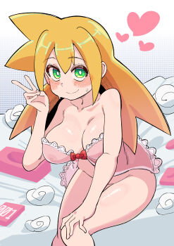1girl absurdres babydoll bare_shoulders blonde_hair blush bottomless breasts buzzlyears cleavage condom_box cowboy_shot green_eyes highres large_breasts long_hair medium_breasts mega_man_(series) mega_man_legends_(series) on_bed pink_babydoll polka_dot polka_dot_background roll_caskett_(mega_man) simple_background sitting solo tissue_box used_tissue v white_background