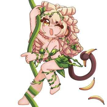 1girl animal_ears artist_request banana bananajuju blonde_hair brown_eyes brown_tail dreadlocks food freckles fruit highres indie_virtual_youtuber leaf_bra leaf_skirt long_hair looking_at_viewer monkey_ears monkey_girl monkey_tail one_eye_closed open_mouth plant plant_clothing simple_background solo tail vines virtual_youtuber white_background
